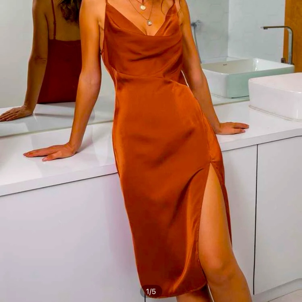 Midi satin cowl neck dress in burnt orange